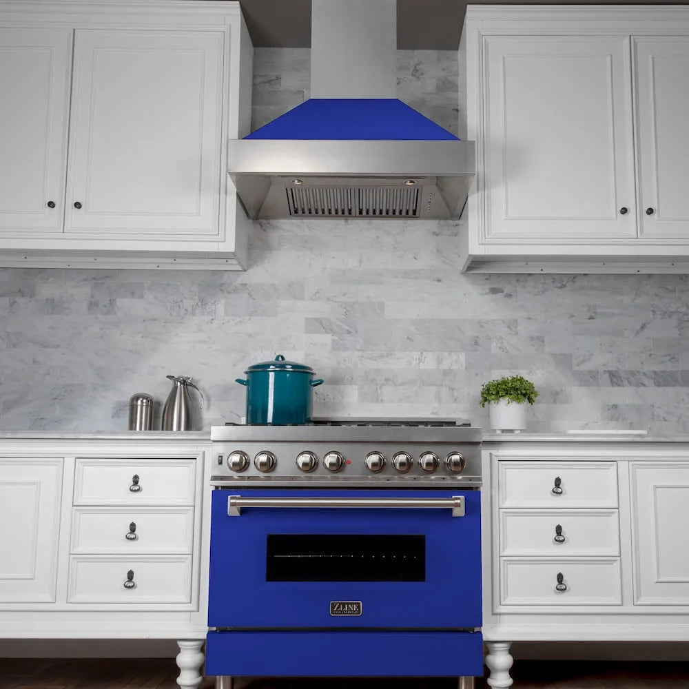 ZLINE 30 in. 4.0 cu. ft. Legacy Dual Fuel Range with 4 Burner Gas Cooktop and Electric Convection Oven in Satin Stainless Steel and Blue Matte Door (RAS-BM-30) front, under in a luxury kitchen.