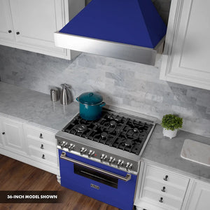 ZLINE 30 in. 4.0 cu. ft. Legacy Dual Fuel Range with 4 Burner Gas Cooktop and Electric Convection Oven in Satin Stainless Steel and Blue Matte Door (RAS-BM-30) above cooking surface.