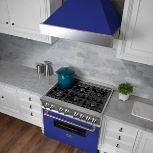 ZLINE 30 in. 4.0 cu. ft. Legacy Dual Fuel Range with 4 Burner Gas Cooktop and Electric Convection Oven in Satin Stainless Steel and Blue Matte Door (RAS-BM-30) above cooking surface.