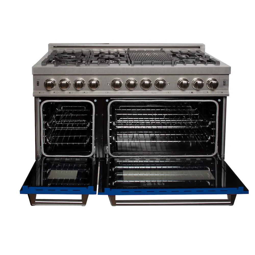 ZLINE 48 in. 6.0 cu. ft. Legacy Dual Fuel Range with 7 Burner Gas Cooktop and 2 Electric Ovens in Satin Stainless Steel and Blue Matte Doors (RAS-BM-48) front, open.