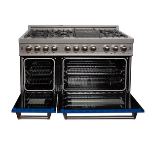ZLINE 48 in. 6.0 cu. ft. Legacy Dual Fuel Range with 7 Burner Gas Cooktop and 2 Electric Ovens in Satin Stainless Steel and Blue Matte Doors (RAS-BM-48) front, open.