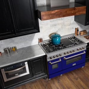 ZLINE 48 in. 6.0 cu. ft. Legacy Dual Fuel Range with 7 Burner Gas Cooktop and 2 Electric Ovens in Satin Stainless Steel and Blue Matte Doors (RAS-BM-48) in a luxury kitchen.