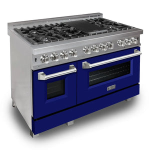 ZLINE 48 in. 6.0 cu. ft. Legacy Dual Fuel Range with 7 Burner Gas Cooktop and 2 Electric Ovens in Satin Stainless Steel and Blue Matte Doors (RAS-BM-48) main image.