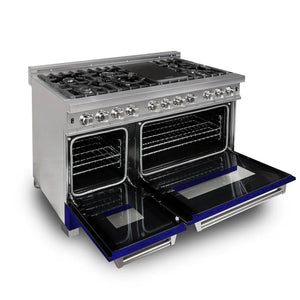 ZLINE 48 in. 6.0 cu. ft. Legacy Dual Fuel Range with 7 Burner Gas Cooktop and 2 Electric Ovens in Satin Stainless Steel and Blue Matte Doors (RAS-BM-48) oven open.