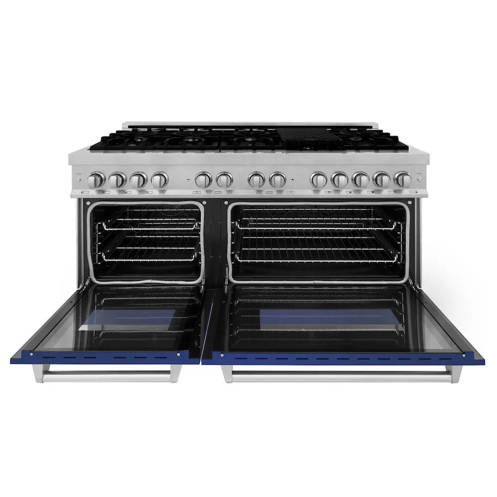 ZLINE 60 in. 7.4 cu. ft. Legacy Dual Fuel Range with 9 Burner Gas Cooktop and 2 Electric Convection Ovens in Satin Stainless Steel and Blue Matte Doors (RAS-BM-60) front, open.