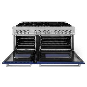 ZLINE 60 in. 7.4 cu. ft. Legacy Dual Fuel Range with 9 Burner Gas Cooktop and 2 Electric Convection Ovens in Satin Stainless Steel and Blue Matte Doors (RAS-BM-60) front, open.