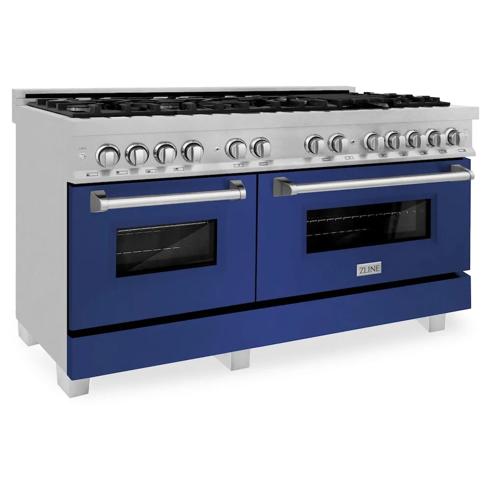 ZLINE 60 in. 7.4 cu. ft. Legacy Dual Fuel Range with 9 Burner Gas Cooktop and 2 Electric Convection Ovens in Satin Stainless Steel and Blue Matte Doors (RAS-BM-60) main image.