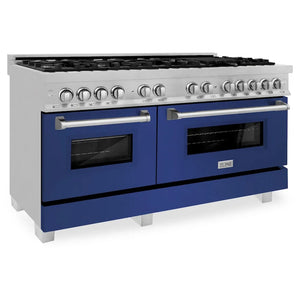 ZLINE 60 in. 7.4 cu. ft. Legacy Dual Fuel Range with 9 Burner Gas Cooktop and 2 Electric Convection Ovens in Satin Stainless Steel and Blue Matte Doors (RAS-BM-60) main image.
