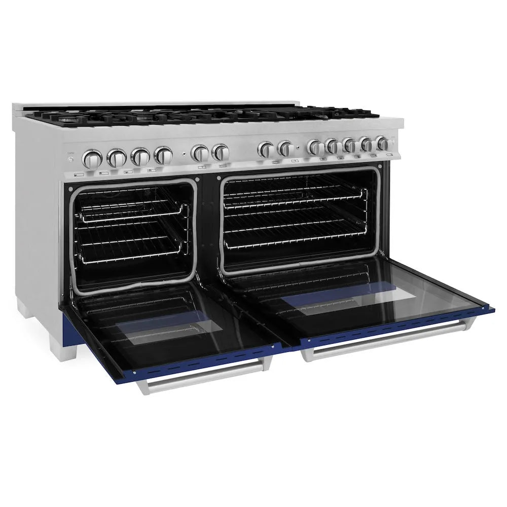 ZLINE 60 in. 7.4 cu. ft. Legacy Dual Fuel Range with 9 Burner Gas Cooktop and 2 Electric Convection Ovens in Satin Stainless Steel and Blue Matte Doors (RAS-BM-60) side, oven open.