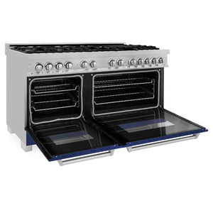 ZLINE 60 in. 7.4 cu. ft. Legacy Dual Fuel Range with 9 Burner Gas Cooktop and 2 Electric Convection Ovens in Satin Stainless Steel and Blue Matte Doors (RAS-BM-60) side, oven open.