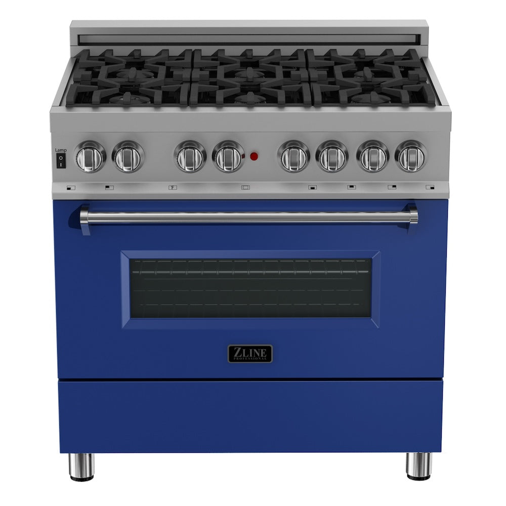 ZLINE 36 in. 4.6 cu. ft. Legacy Dual Fuel Range with 6 Burner Gas Cooktop and Electric Convection Oven in Satin Stainless Steel and Blue Matte Door (RAS-BM-36) front, oven closed.