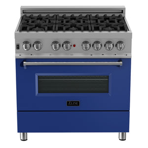 ZLINE 36 in. 4.6 cu. ft. Legacy Dual Fuel Range with 6 Burner Gas Cooktop and Electric Convection Oven in Satin Stainless Steel and Blue Matte Door (RAS-BM-36) front, oven closed.