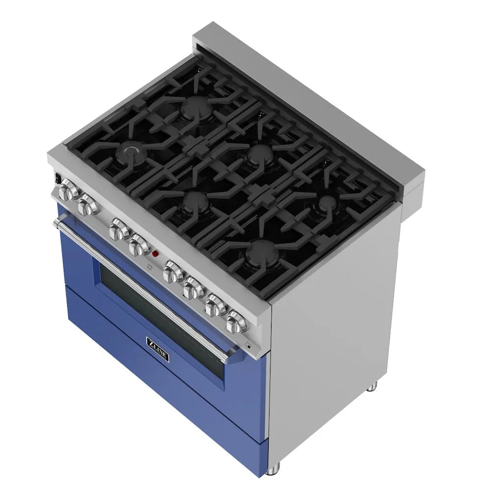 ZLINE 36 in. 4.6 cu. ft. Legacy Dual Fuel Range with 6 Burner Gas Cooktop and Electric Convection Oven in Satin Stainless Steel and Blue Matte Door (RAS-BM-36) above cooking surface.