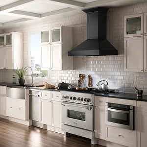 Farmhouse kitchen with ZLINE 36 in. 4.6 cu. ft. Legacy Dual Fuel Range with 6 Burner Gas Cooktop and Electric Convection Oven in Satin Stainless Steel (RAS-SN-36) and white cabinets.