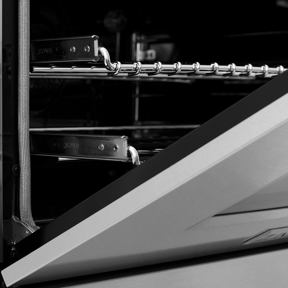 Close-up of ZLINE 36 in. 4.6 cu. ft. Legacy Dual Fuel Range with 6 Burner Gas Cooktop and Electric Convection Oven in Satin Stainless Steel (RAS-SN-36) door and oven racks.