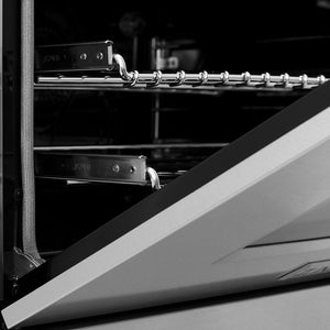 Close-up of ZLINE 36 in. 4.6 cu. ft. Legacy Dual Fuel Range with 6 Burner Gas Cooktop and Electric Convection Oven in Satin Stainless Steel (RAS-SN-36) door and oven racks.