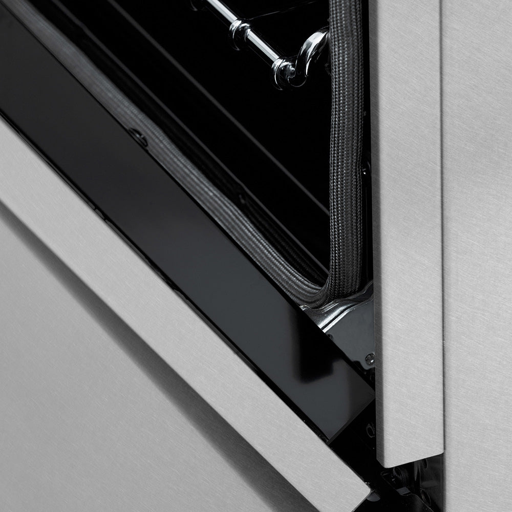 Close-up of ZLINE 36 in. 4.6 cu. ft. Legacy Dual Fuel Range with 6 Burner Gas Cooktop and Electric Convection Oven in Satin Stainless Steel (RAS-SN-36) stayput oven door hinge