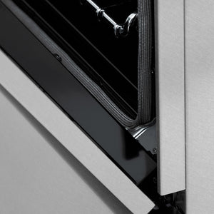 Close-up of ZLINE 36 in. 4.6 cu. ft. Legacy Dual Fuel Range with 6 Burner Gas Cooktop and Electric Convection Oven in Satin Stainless Steel (RAS-SN-36) stayput oven door hinge