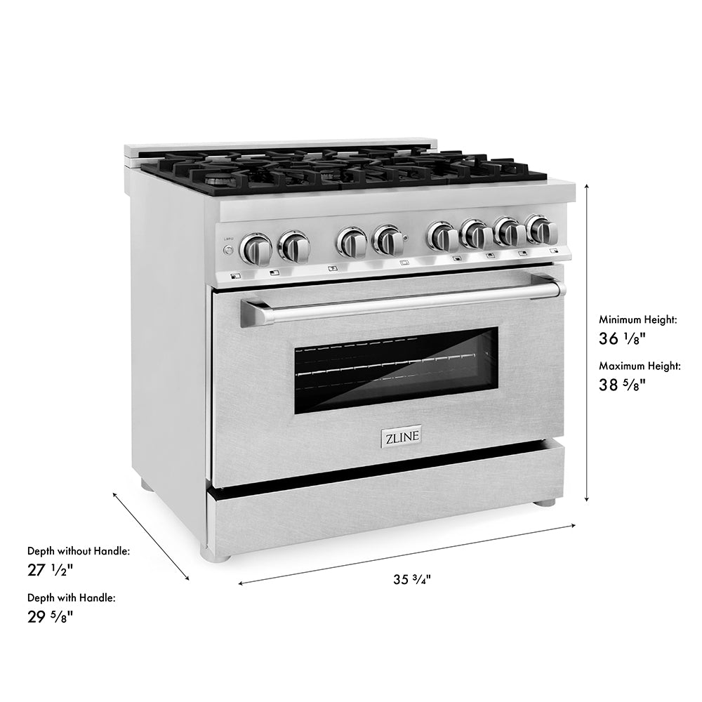 ZLINE 36 in. 4.6 cu. ft. Legacy Dual Fuel Range with 6 Burner Gas Cooktop and Electric Convection Oven in Stainless Steel with Satin Stainless Steel Door (RA-SN-36) dimensional diagram.