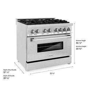 ZLINE 36 in. 4.6 cu. ft. Legacy Dual Fuel Range with 6 Burner Gas Cooktop and Electric Convection Oven in Stainless Steel with Satin Stainless Steel Door (RA-SN-36) dimensional diagram.