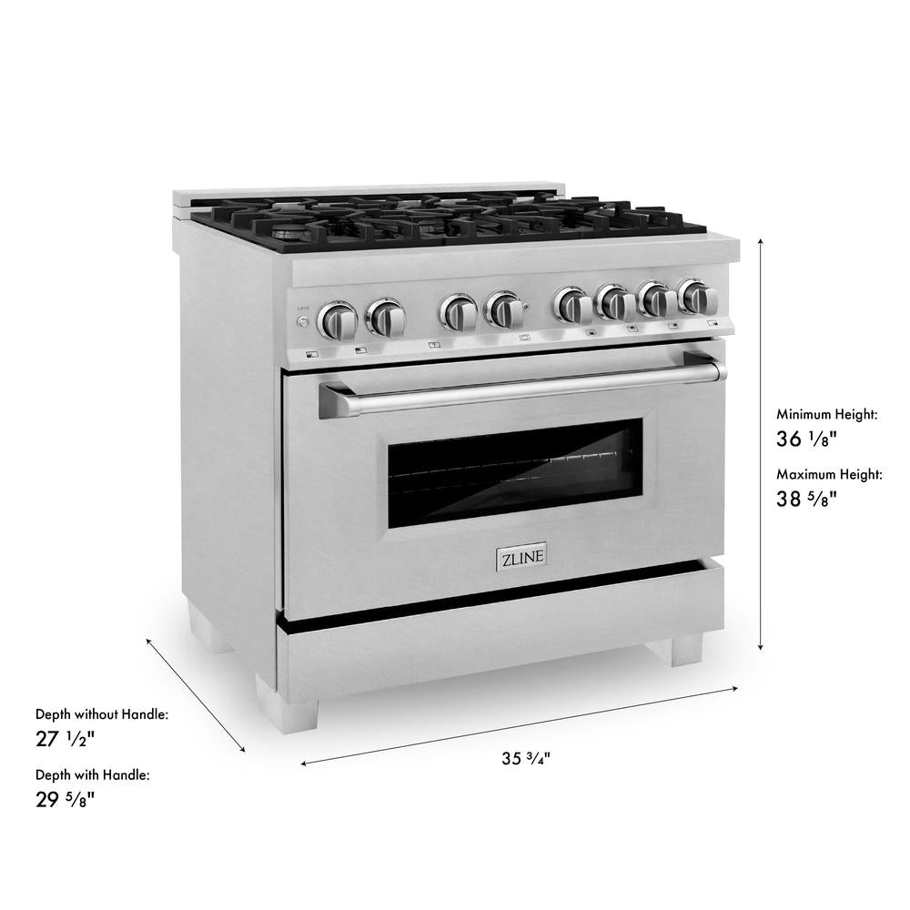 ZLINE 36 in. 4.6 cu. ft. Legacy Dual Fuel Range with 6 Burner Gas Cooktop and Electric Convection Oven in Satin Stainless Steel (RAS-SN-36) dimensional diagram.