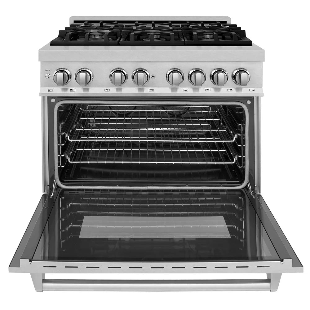 ZLINE 36 in. 4.6 cu. ft. Legacy Dual Fuel Range with 6 Burner Gas Cooktop and Electric Convection Oven in Satin Stainless Steel (RAS-SN-36) front, oven open.