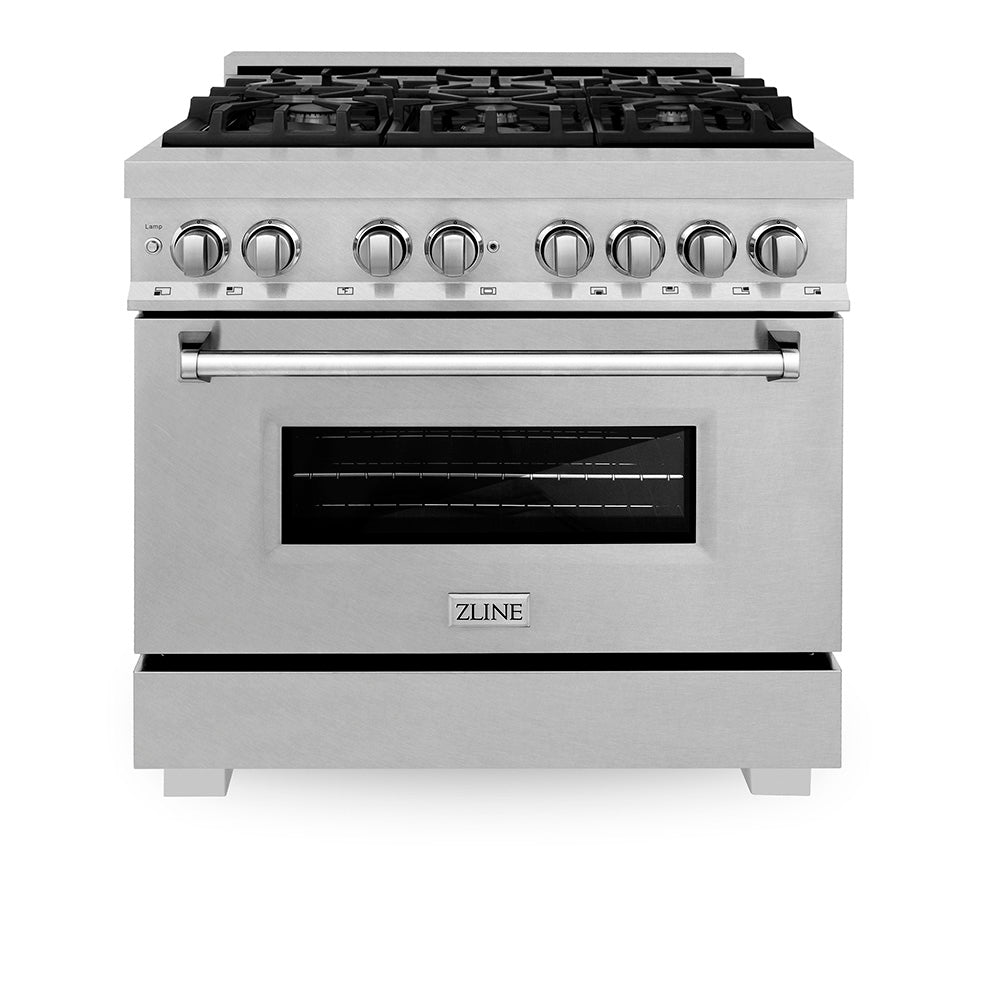 ZLINE 36 in. 4.6 cu. ft. Legacy Dual Fuel Range with 6 Burner Gas Cooktop and Electric Convection Oven in Satin Stainless Steel (RAS-SN-36) front, oven closed.