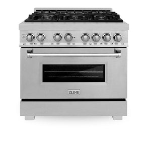 ZLINE 36 in. 4.6 cu. ft. Legacy Dual Fuel Range with 6 Burner Gas Cooktop and Electric Convection Oven in Satin Stainless Steel (RAS-SN-36) front, oven closed.