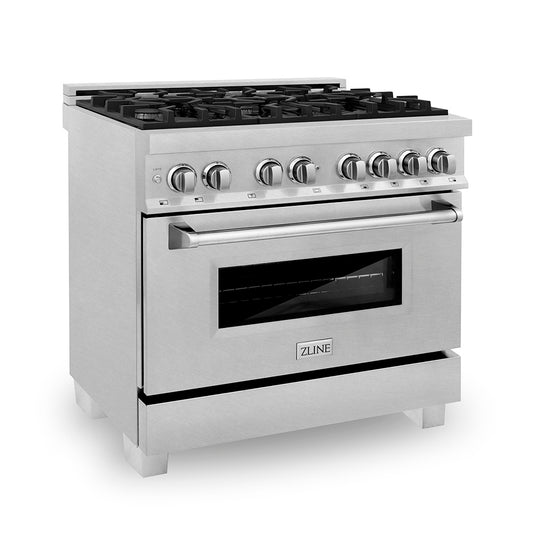 ZLINE 36 in. 4.6 cu. ft. Legacy Dual Fuel Range with 6 Burner Gas Cooktop and Electric Convection Oven in Satin Stainless Steel (RAS-SN-36) main image.