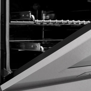 ZLINE 24 in. 2.8 cu. ft. Legacy Dual Fuel Range with 4 Burner Gas Cooktop and Electric Convection Oven in Stainless Steel with Satin Stainless Steel Door (RA-SN-24) oven door detail half open.