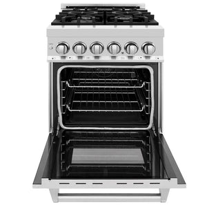 ZLINE 24 in. 2.8 cu. ft. Legacy Dual Fuel Range with 4 Burner Gas Cooktop and Electric Convection Oven in Stainless Steel with Satin Stainless Steel Door (RA-SN-24) front, open.