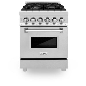 ZLINE 24 in. 2.8 cu. ft. Legacy Dual Fuel Range with 4 Burner Gas Cooktop and Electric Convection Oven in Stainless Steel with Satin Stainless Steel Door (RA-SN-24) front, oven closed.