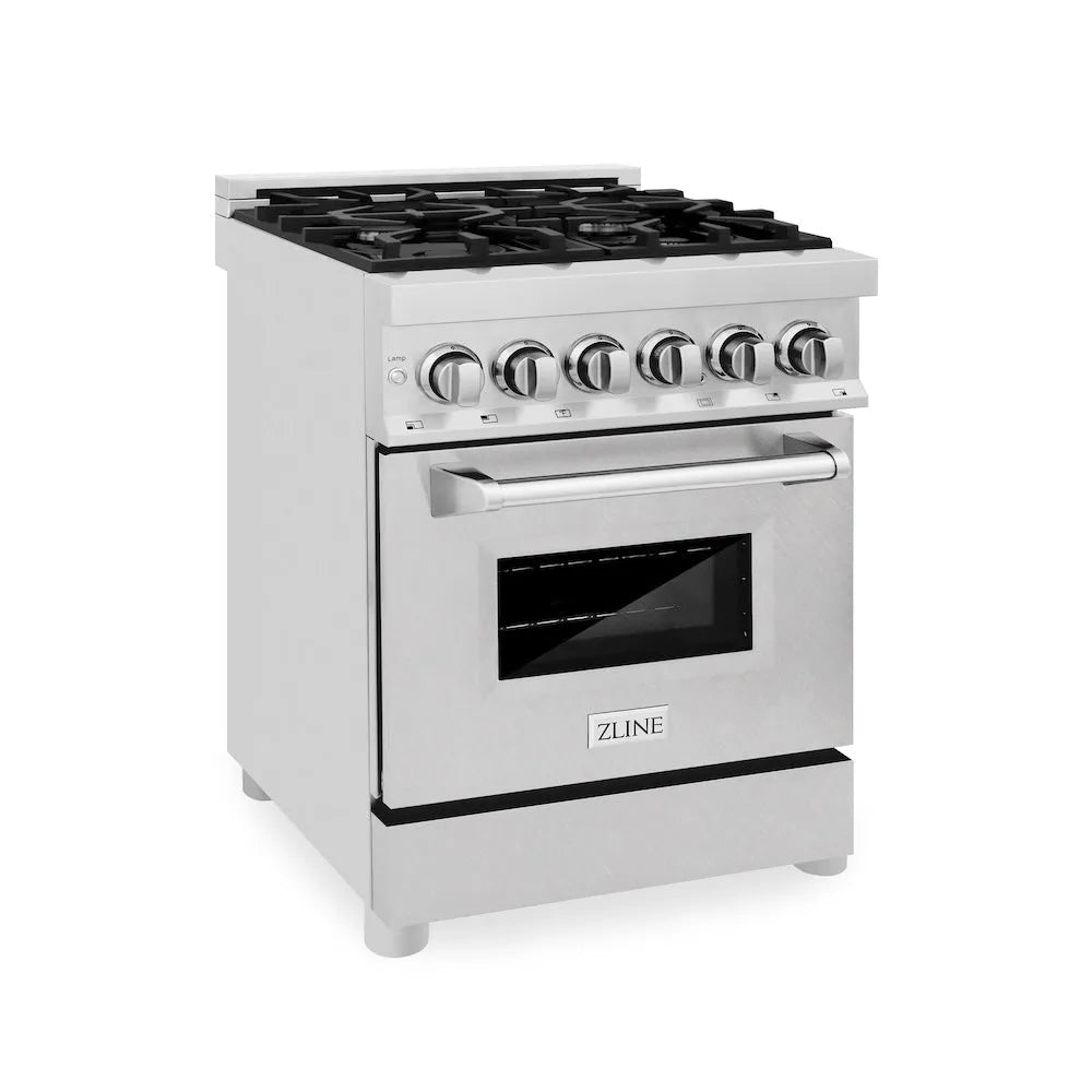 ZLINE 24 in. 2.8 cu. ft. Legacy Dual Fuel Range with 4 Burner Gas Cooktop and Electric Convection Oven in Stainless Steel with Satin Stainless Steel Door (RA-SN-24) main image.