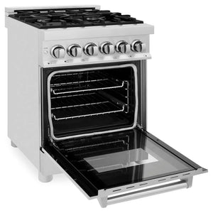 ZLINE 24 in. 2.8 cu. ft. Legacy Dual Fuel Range with 4 Burner Gas Cooktop and Electric Convection Oven in Stainless Steel with Satin Stainless Steel Door (RA-SN-24) side, oven open.
