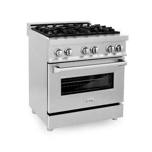 ZLINE 30 in. 4.0 cu. ft. Legacy Dual Fuel Range with 4 Burner Gas Cooktop and Electric Convection Oven in Stainless Steel with Satin Stainless Steel Door (RA-SN-30) main image.