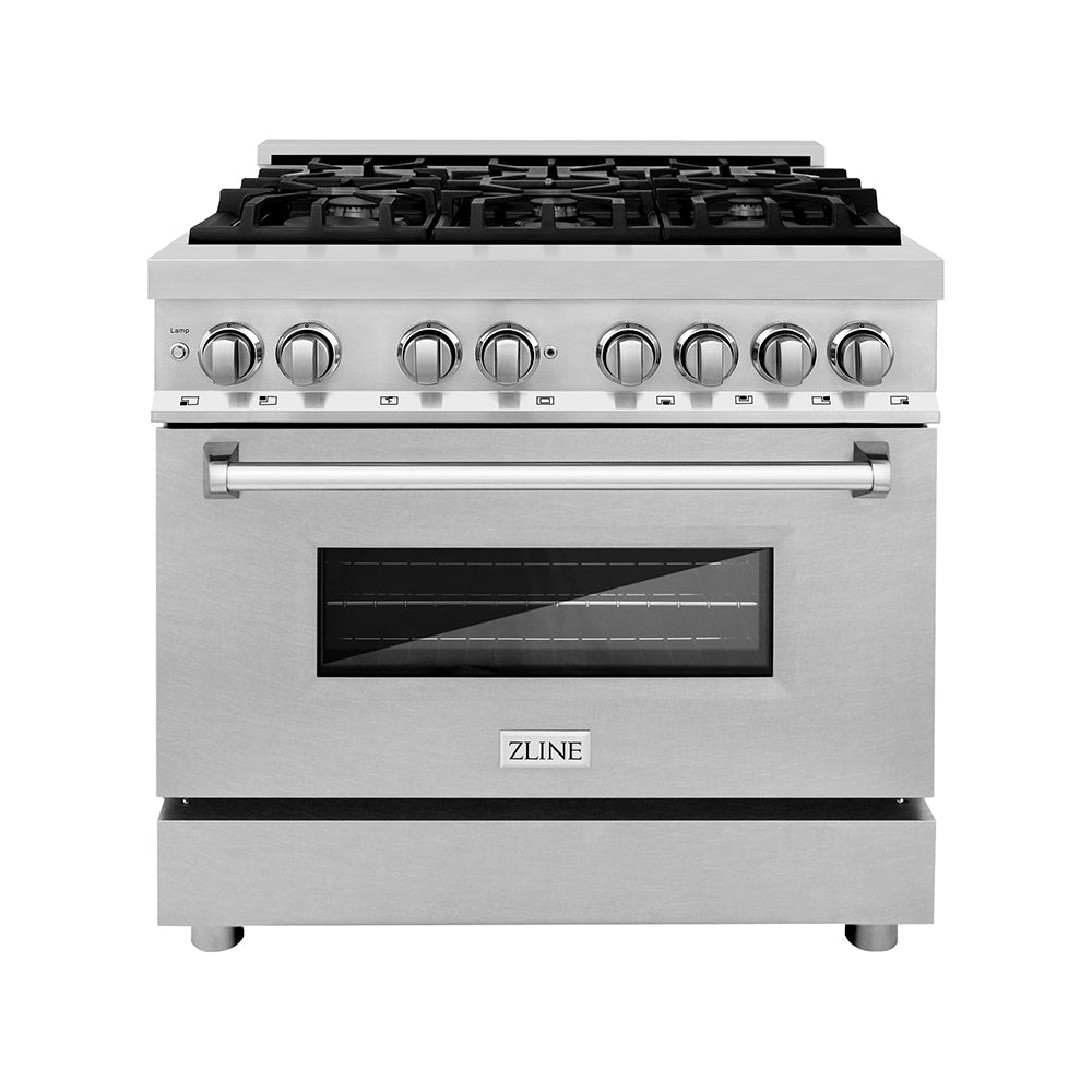 ZLINE 36 in. 4.6 cu. ft. Legacy Dual Fuel Range with 6 Burner Gas Cooktop and Electric Convection Oven in Stainless Steel with Satin Stainless Steel Door (RA-SN-36) front.