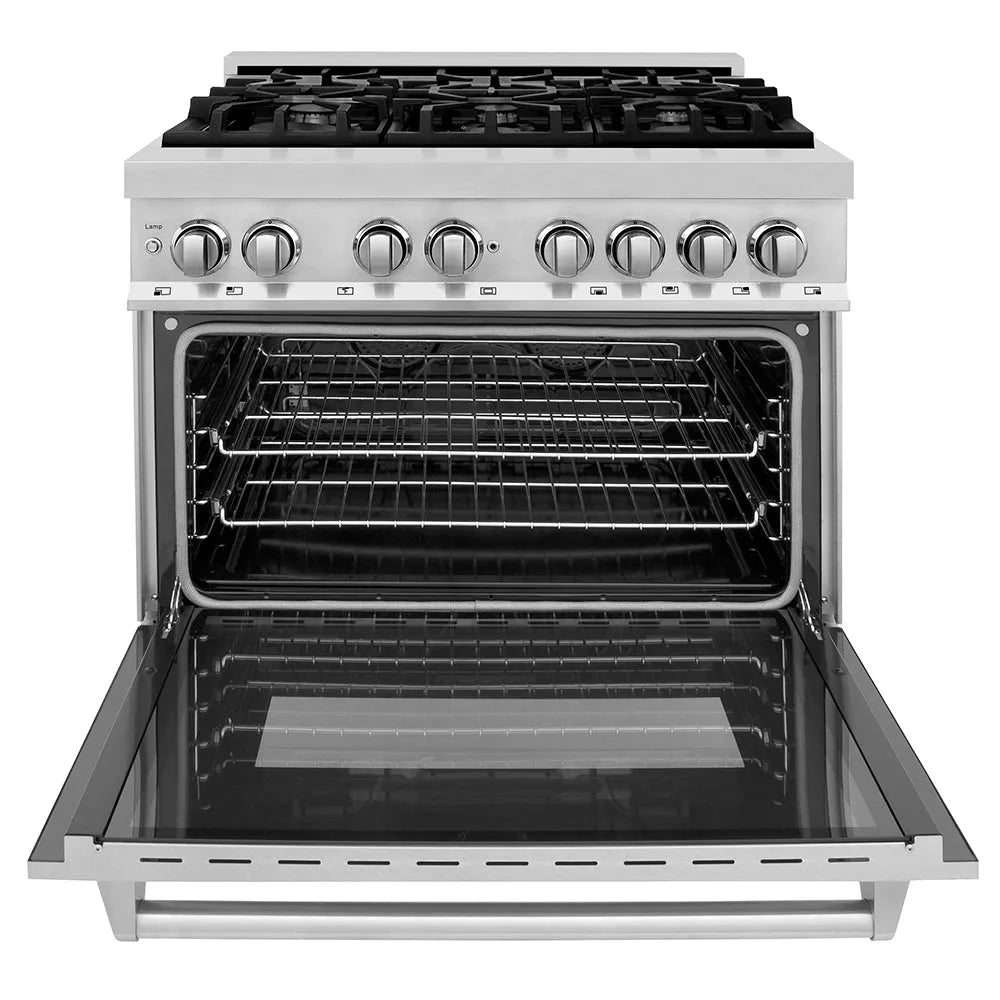 ZLINE 36 in. 4.6 cu. ft. Legacy Dual Fuel Range with 6 Burner Gas Cooktop and Electric Convection Oven in Stainless Steel with Satin Stainless Steel Door (RA-SN-36) front, oven open.