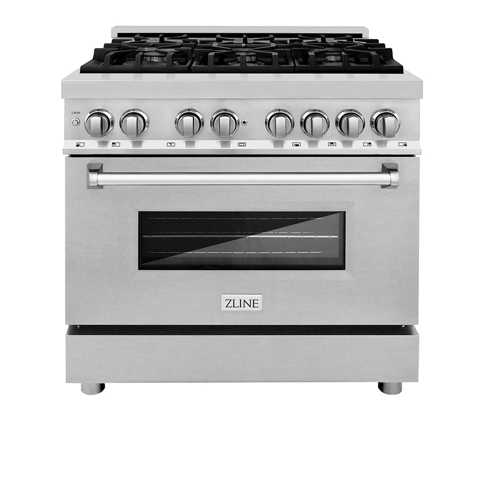 ZLINE 36 in. 4.6 cu. ft. Legacy Dual Fuel Range with 6 Burner Gas Cooktop and Electric Convection Oven in Stainless Steel with Satin Stainless Steel Door (RA-SN-36) front, oven closed.