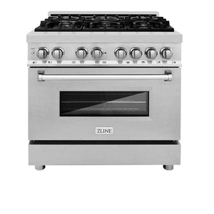 ZLINE 36 in. 4.6 cu. ft. Legacy Dual Fuel Range with 6 Burner Gas Cooktop and Electric Convection Oven in Stainless Steel with Satin Stainless Steel Door (RA-SN-36) front, oven closed.