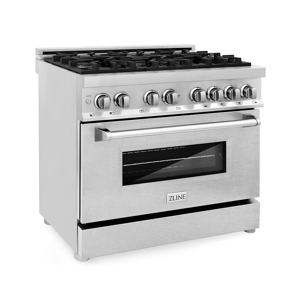 ZLINE 36 in. 4.6 cu. ft. Legacy Dual Fuel Range with 6 Burner Gas Cooktop and Electric Convection Oven in Stainless Steel with Satin Stainless Steel Door (RA-SN-36) main image.