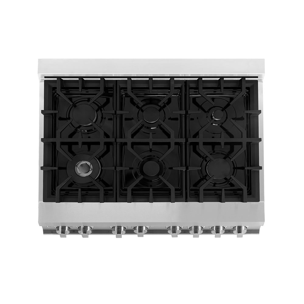 ZLINE 36 in. 4.6 cu. ft. Legacy Dual Fuel Range with 6 Burner Gas Cooktop and Electric Convection Oven in Stainless Steel with Satin Stainless Steel Door (RA-SN-36) top-down above cooktop