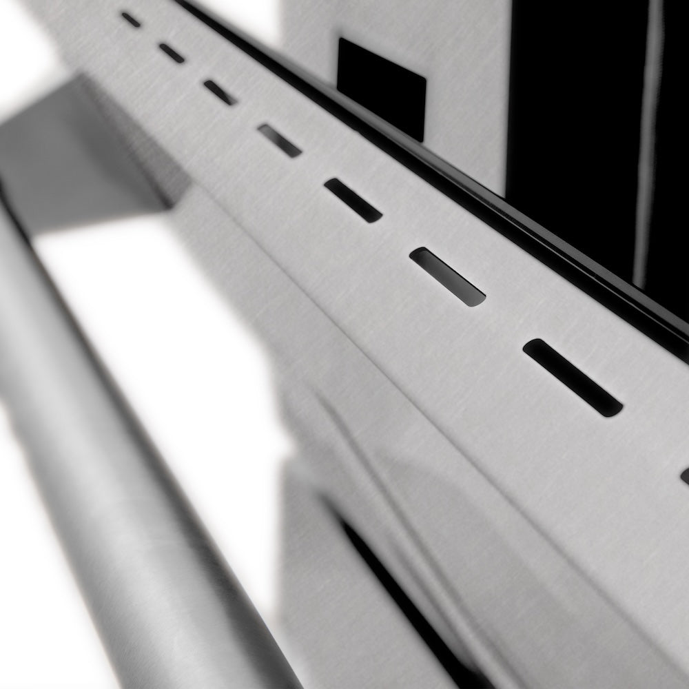 ZLINE 48 in. 6.0 cu. ft. Legacy Dual Fuel Range with 7 Burner Gas Cooktop and 2 Electric Ovens in Stainless Steel with Satin Stainless Steel Doors (RA-SN-48) oven door detail.