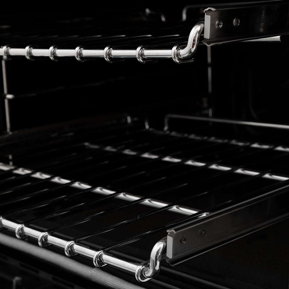 Close-up of oven racks inside ZLINE 48 in. 6.0 cu. ft. Legacy Dual Fuel Range with 7 Burner Gas Cooktop and 2 Electric Ovens in Stainless Steel with Satin Stainless Steel Doors (RA-SN-48).