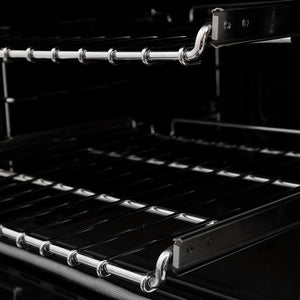 Close-up of oven racks inside ZLINE 48 in. 6.0 cu. ft. Legacy Dual Fuel Range with 7 Burner Gas Cooktop and 2 Electric Ovens in Stainless Steel with Satin Stainless Steel Doors (RA-SN-48).