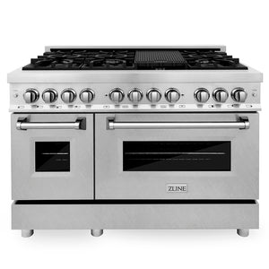 ZLINE 48 in. 6.0 cu. ft. Legacy Dual Fuel Range with 7 Burner Gas Cooktop and 2 Electric Ovens in Stainless Steel with Satin Stainless Steel Doors (RA-SN-48) front.