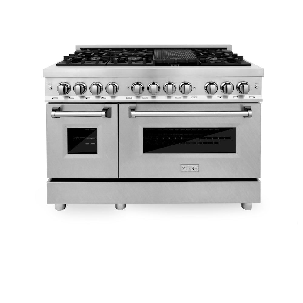 ZLINE 48 in. 6.0 cu. ft. Legacy Dual Fuel Range with 7 Burner Gas Cooktop and 2 Electric Ovens in Stainless Steel with Satin Stainless Steel Doors (RA-SN-48) front, oven closed.