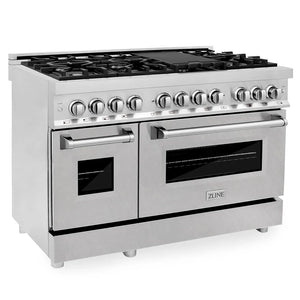 ZLINE 48 in. 6.0 cu. ft. Legacy Dual Fuel Range with 7 Burner Gas Cooktop and 2 Electric Ovens in Stainless Steel with Satin Stainless Steel Doors (RA-SN-48) main image.