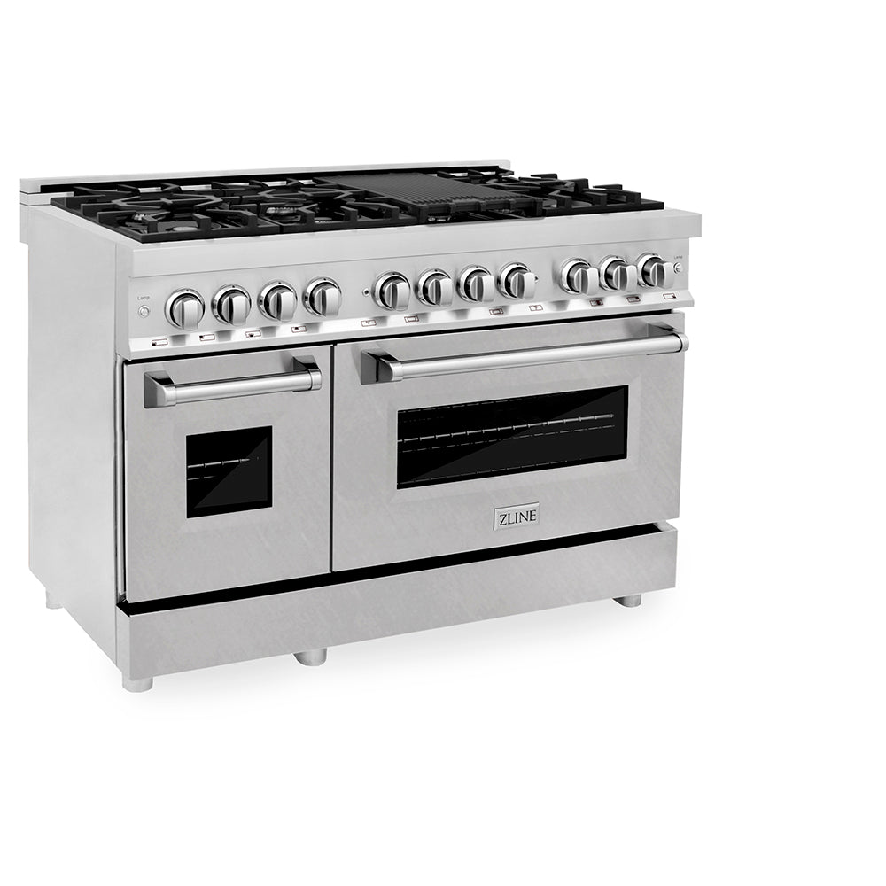 ZLINE 48 in. 6.0 cu. ft. Legacy Dual Fuel Range with 7 Burner Gas Cooktop and 2 Electric Ovens in Stainless Steel with Satin Stainless Steel Doors (RA-SN-48) side.