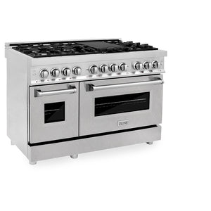 ZLINE 48 in. 6.0 cu. ft. Legacy Dual Fuel Range with 7 Burner Gas Cooktop and 2 Electric Ovens in Stainless Steel with Satin Stainless Steel Doors (RA-SN-48) side.