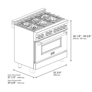 ZLINE 36 in. 4.6 cu. ft. Legacy Dual Fuel Range with 6 Burner Gas Cooktop and Electric Convection Oven in Satin Stainless Steel and Black Matte Door (RAS-BLM-36) dimensional diagram.